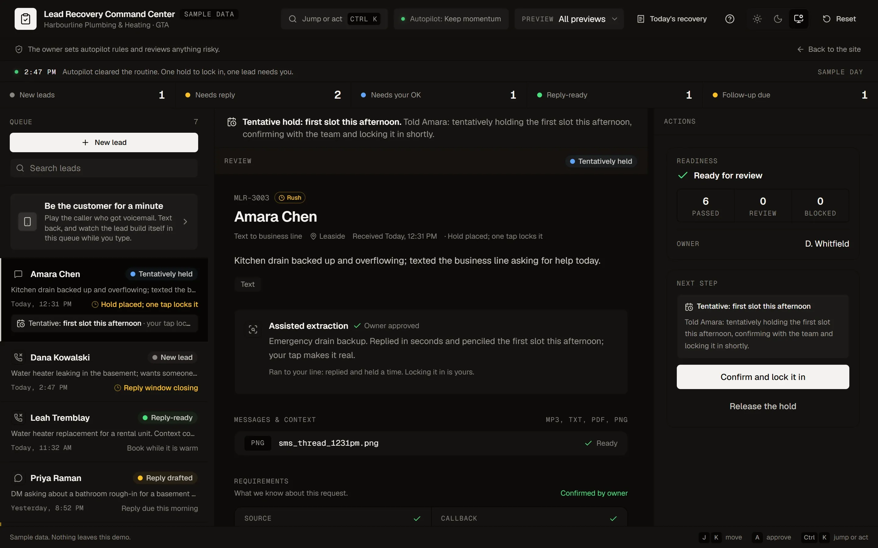 Lead Recovery Command Center demo, labelled sample data: a queue of missed calls and texts on the left, a selected lead in the middle, and a "Confirm and lock it in" button on the right. A banner reads "The owner sets autopilot rules and reviews anything risky."