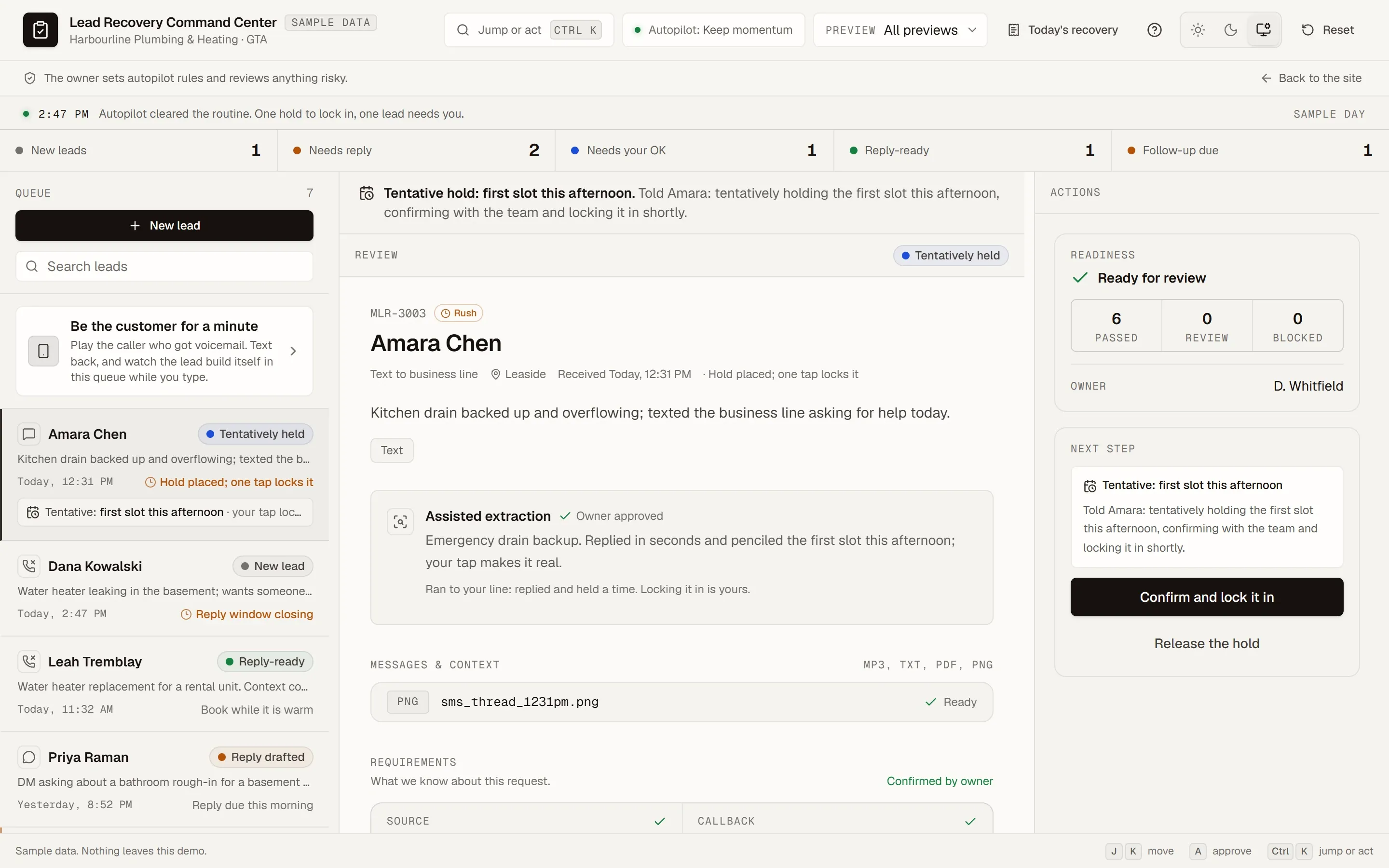 Lead Recovery Command Center demo, labelled sample data: a queue of missed calls and texts on the left, a selected lead in the middle, and a "Confirm and lock it in" button on the right. A banner reads "The owner sets autopilot rules and reviews anything risky."