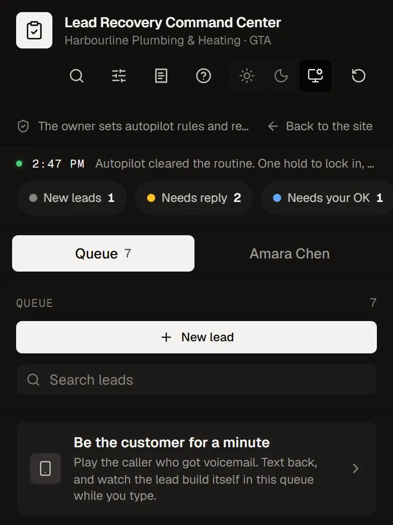 Lead Recovery Command Center demo on a phone: the owner-rules banner, status counts and the lead queue.