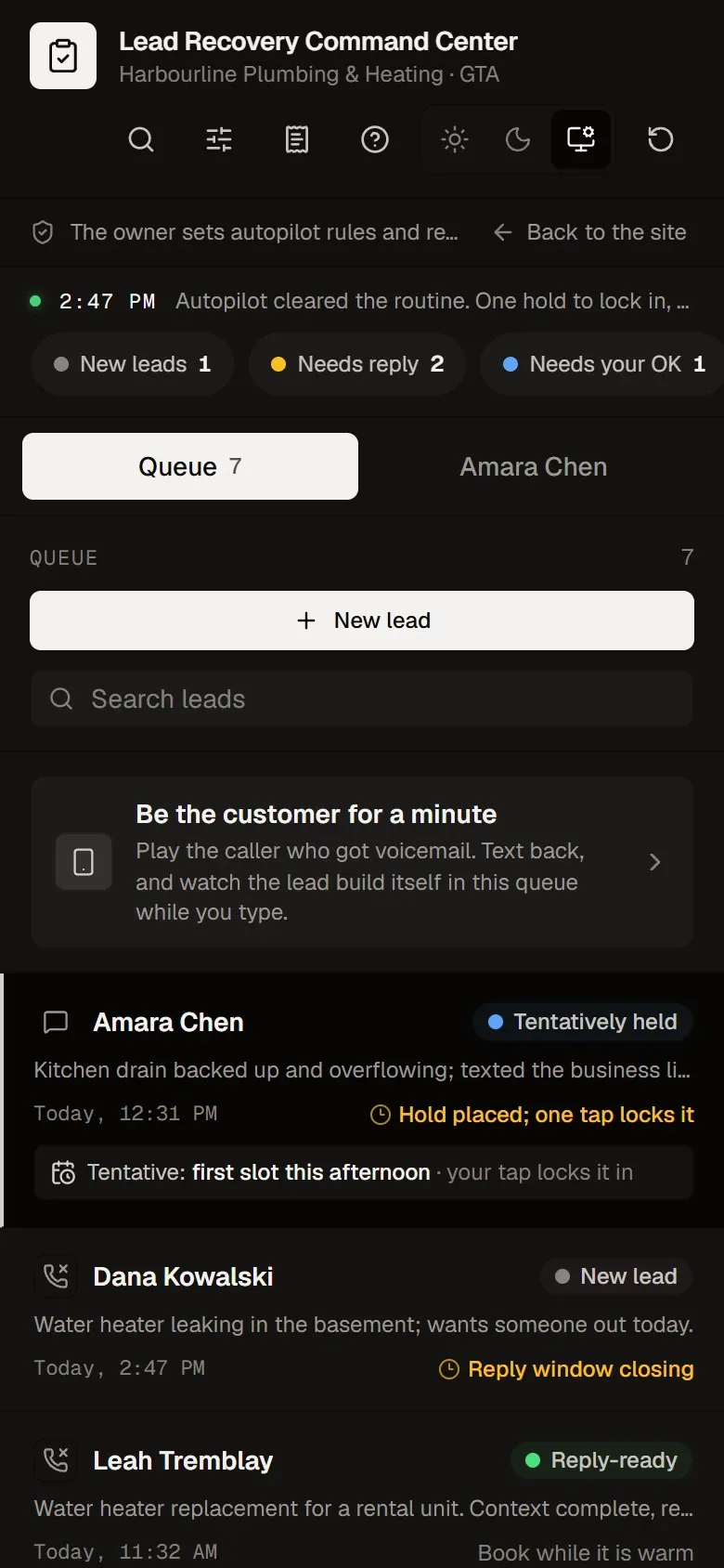 The demo on a phone: status counts and the lead queue.