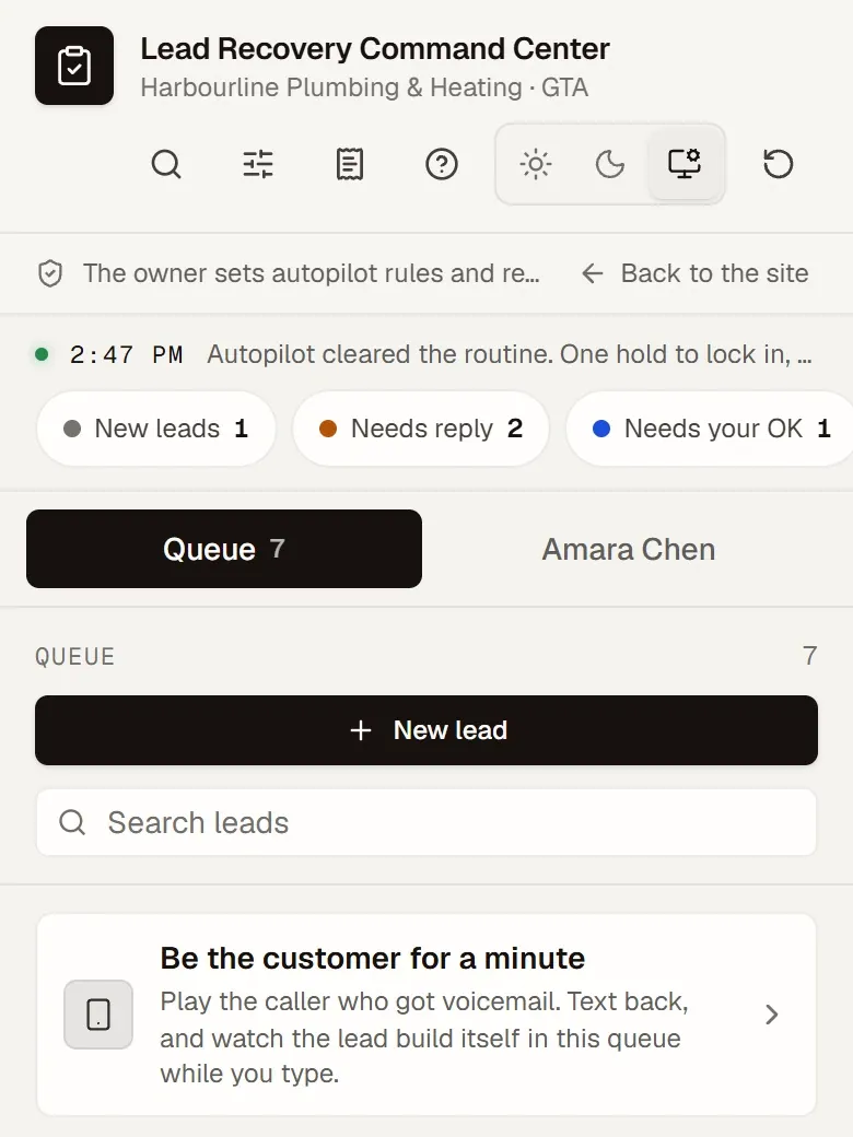 Lead Recovery Command Center demo on a phone: the owner-rules banner, status counts and the lead queue.