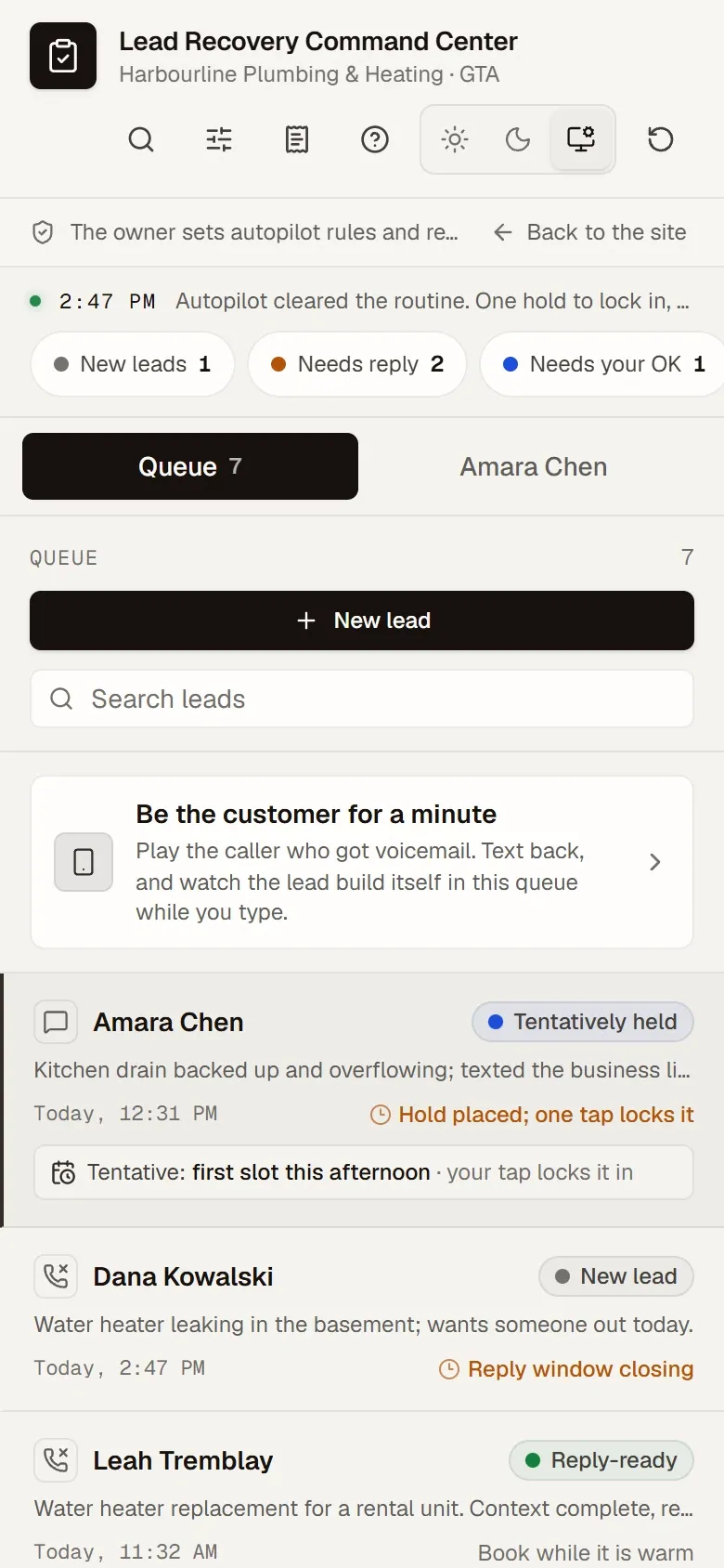The demo on a phone: status counts and the lead queue.