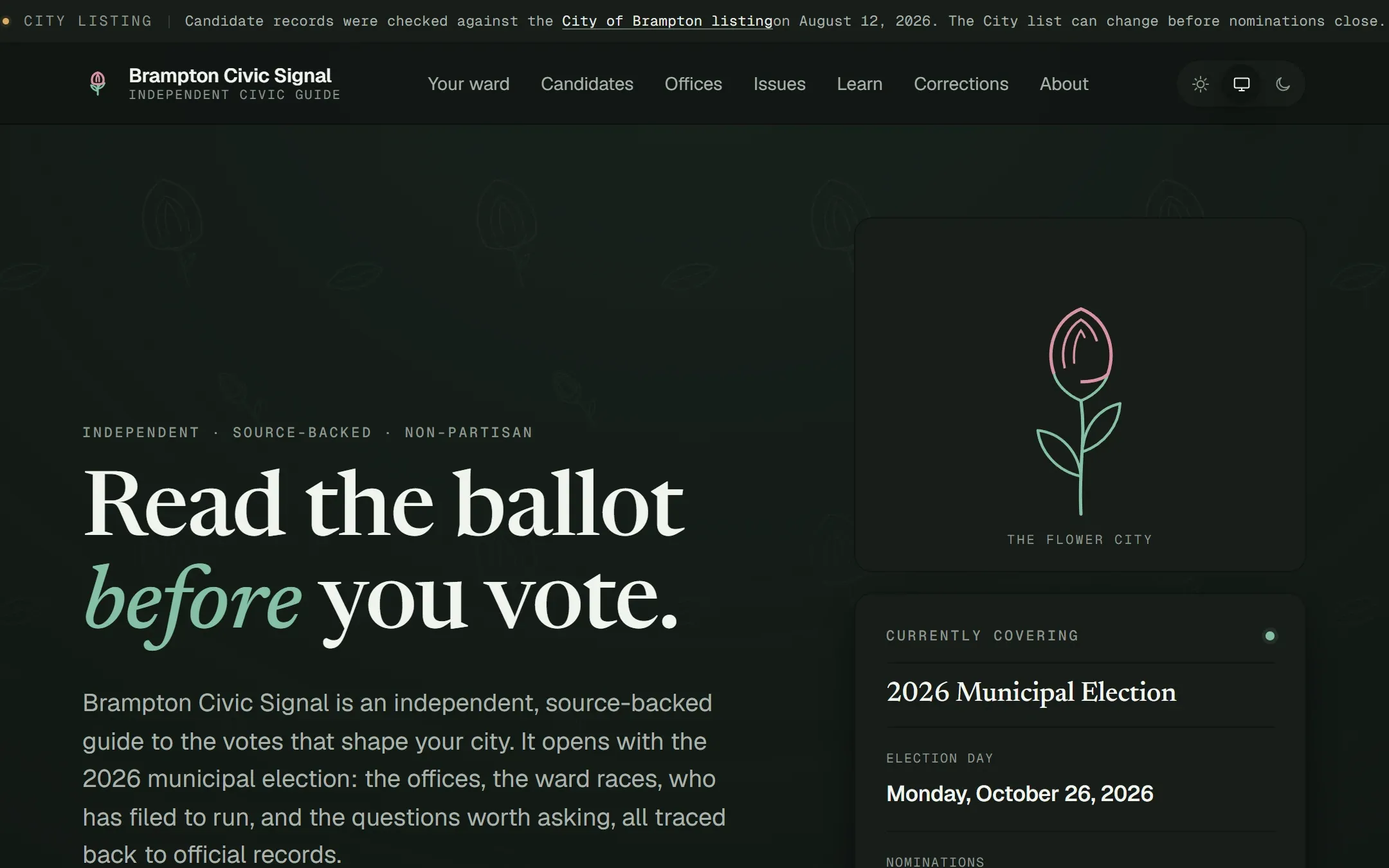Brampton Civic Signal home page: the headline "Read the ballot before you vote" beside a card with election day and nomination dates.