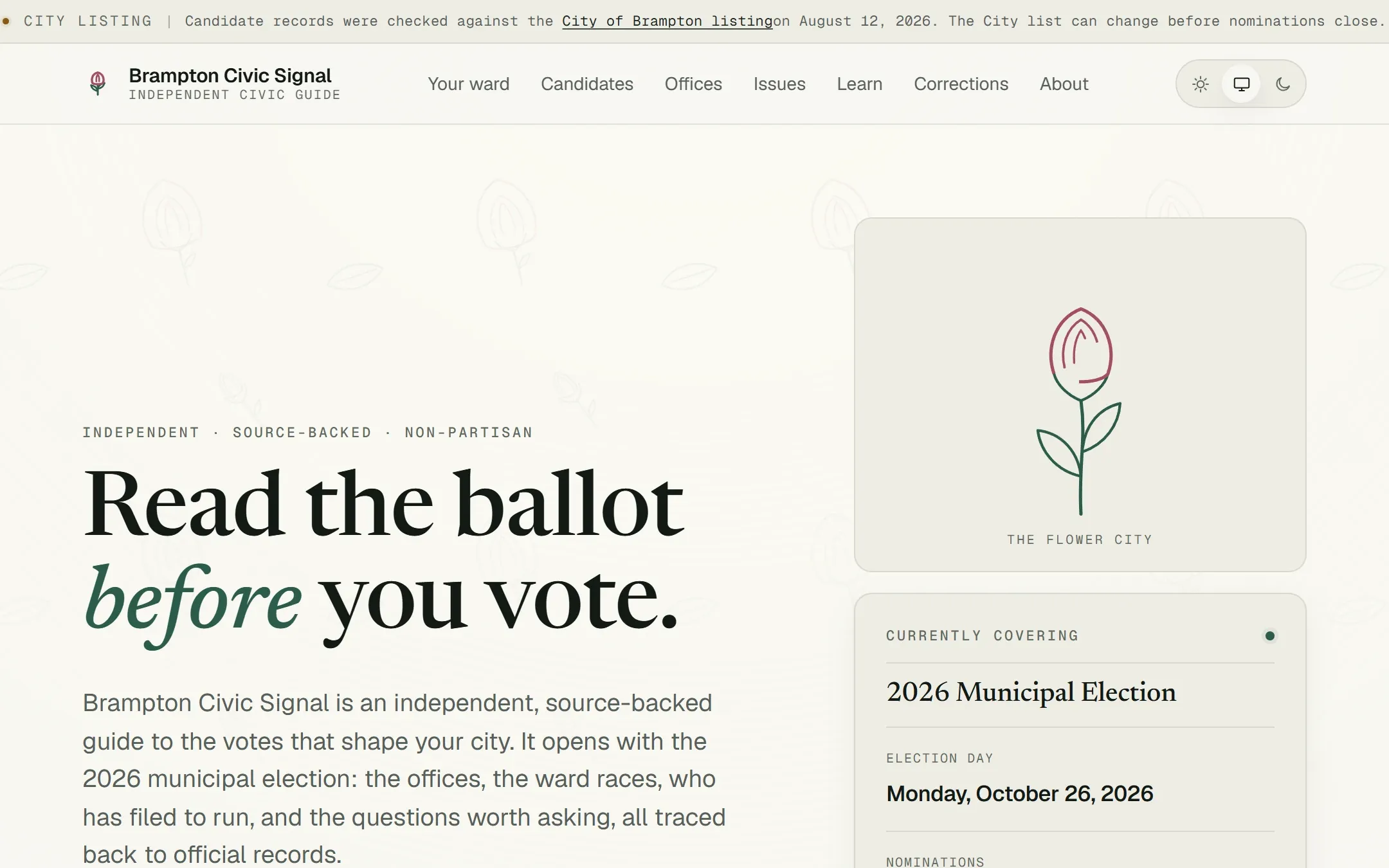 Brampton Civic Signal home page: the headline "Read the ballot before you vote" beside a card with election day and nomination dates.