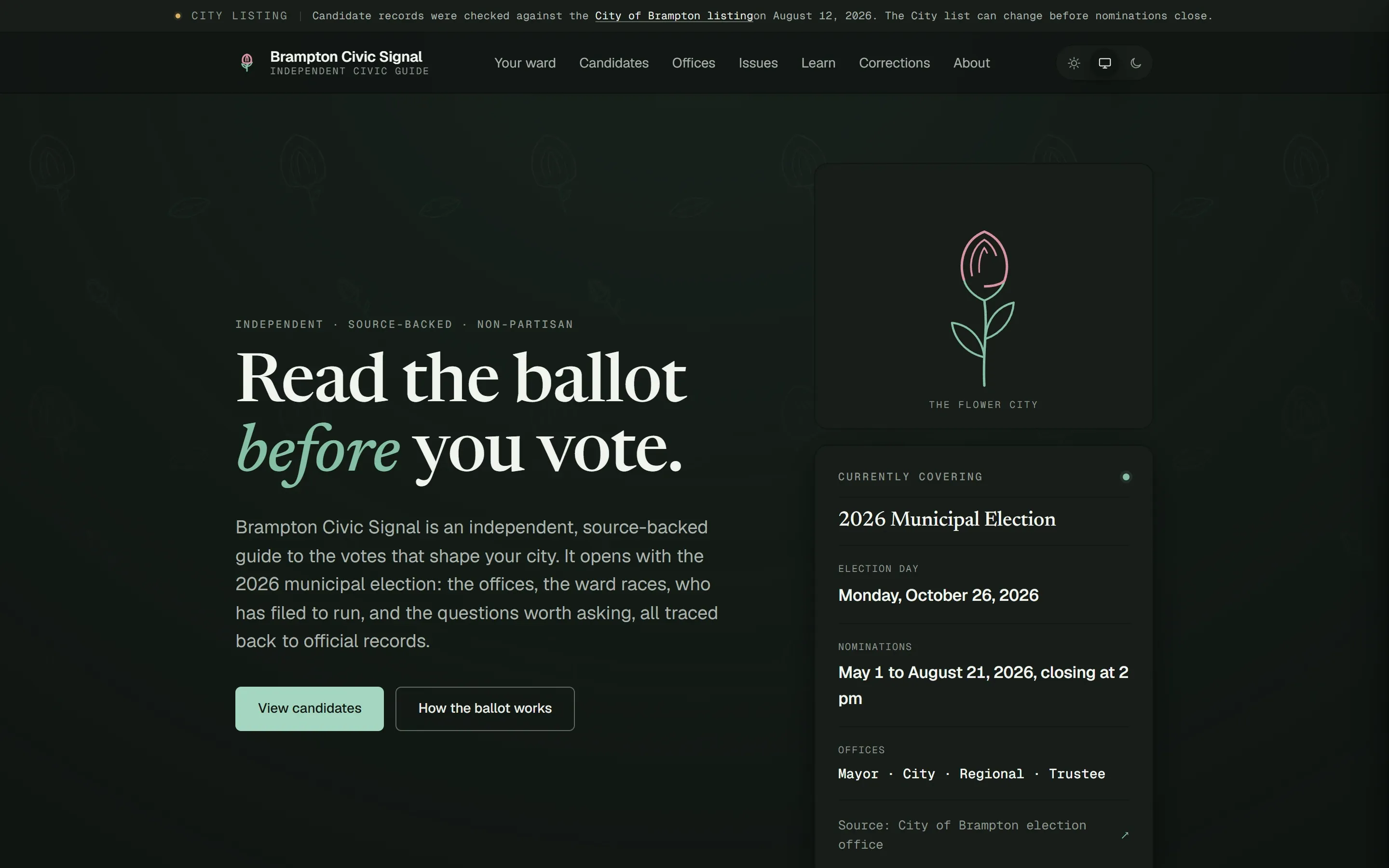 Brampton Civic Signal home page: the headline "Read the ballot before you vote", a dated note that candidate records were checked against the City of Brampton listing, and a card with election day and nomination dates.