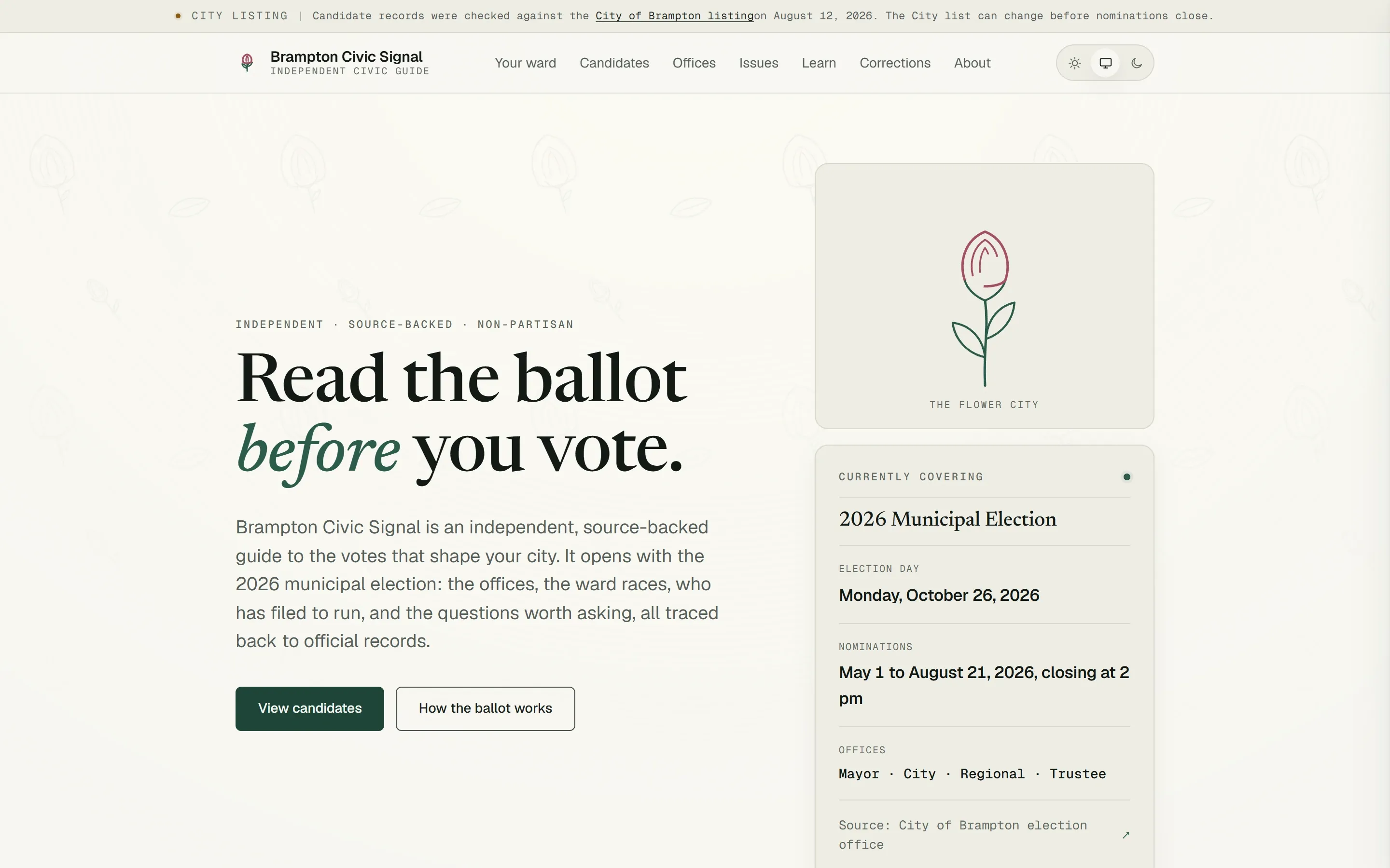 Brampton Civic Signal home page: the headline "Read the ballot before you vote", a dated note that candidate records were checked against the City of Brampton listing, and a card with election day and nomination dates.