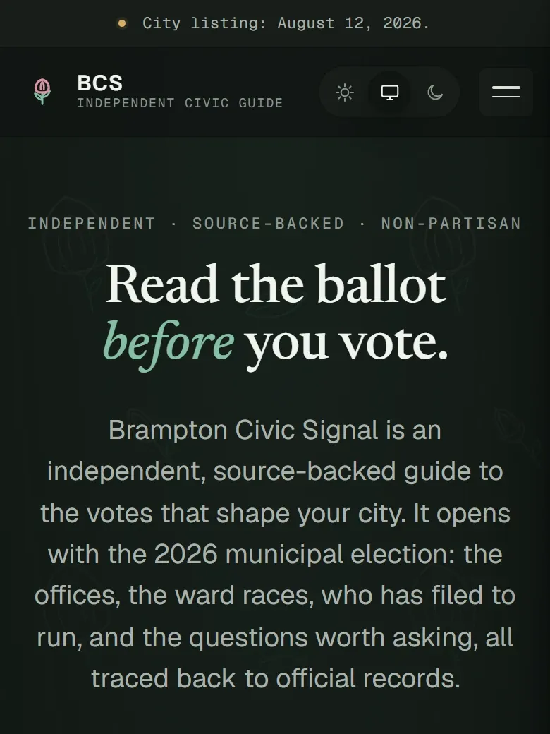Brampton Civic Signal on a phone: a dated city listing note above the headline "Read the ballot before you vote".