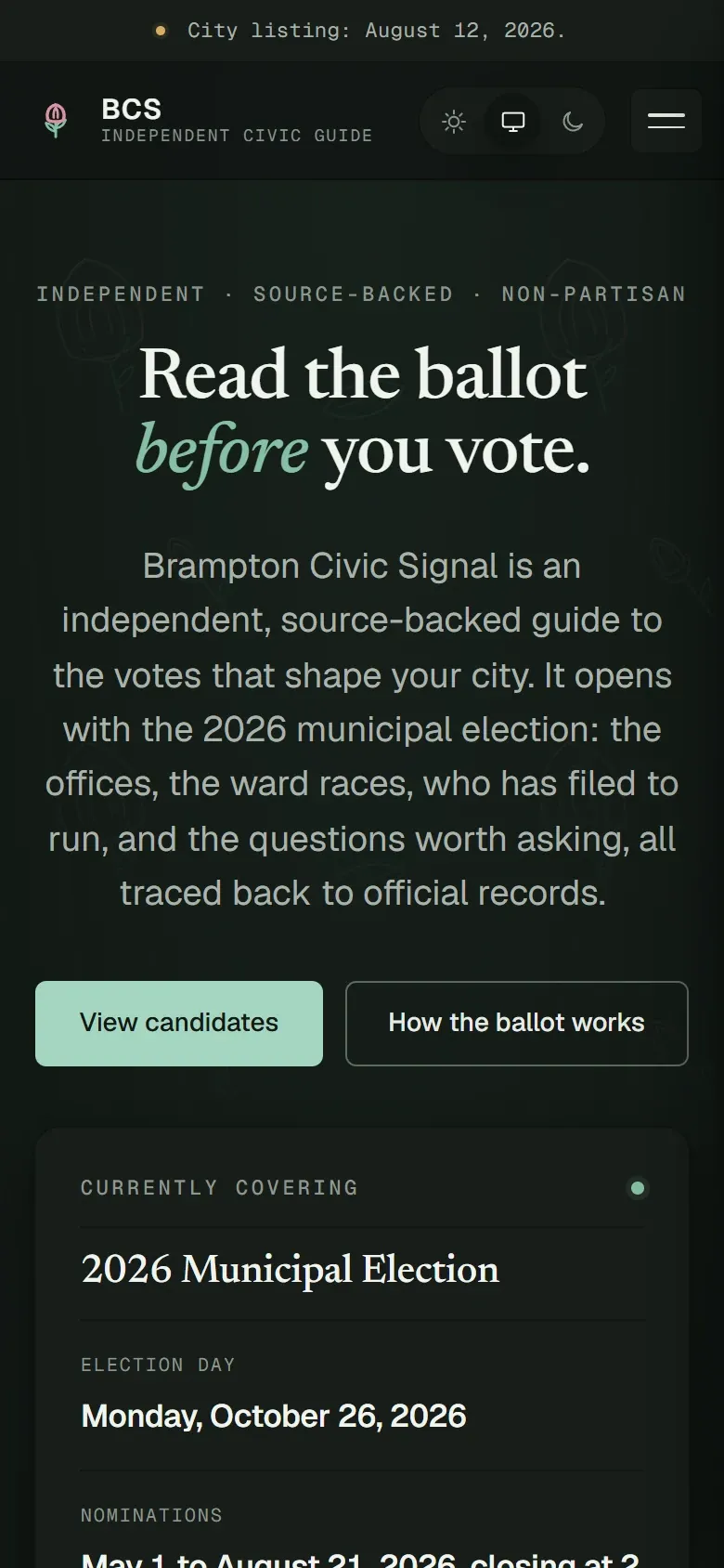 Brampton Civic Signal home page on a phone, with the election day and nomination dates card.