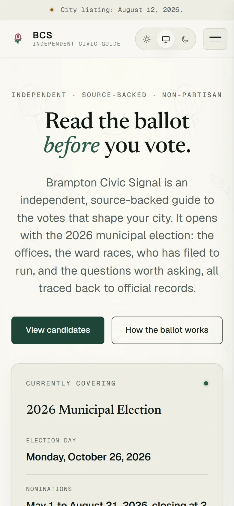 Brampton Civic Signal home page on a phone, with the election day and nomination dates card.