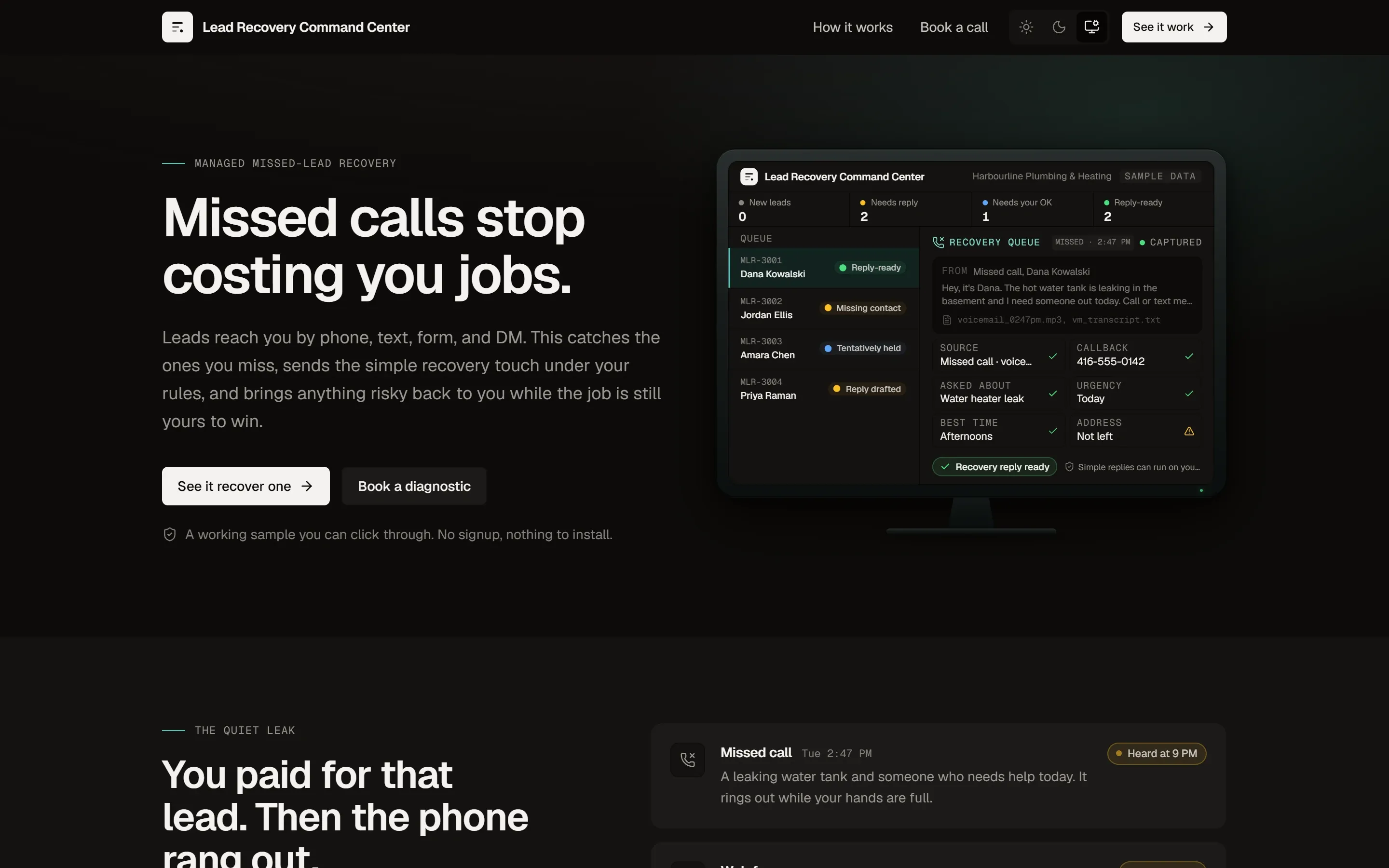 The product page: "Missed calls stop costing you jobs", beside a preview of the recovery queue.