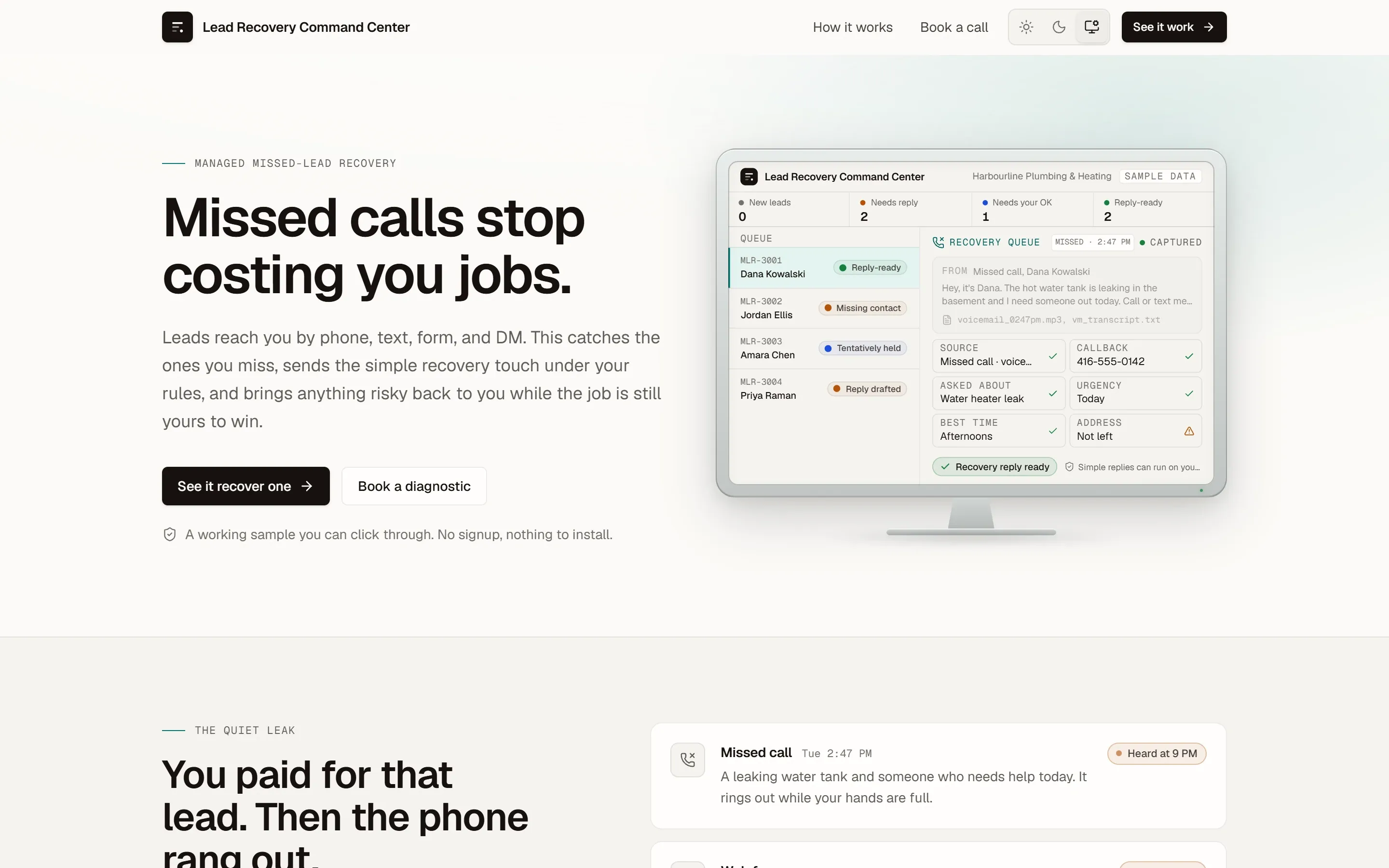 The product page: "Missed calls stop costing you jobs", beside a preview of the recovery queue.
