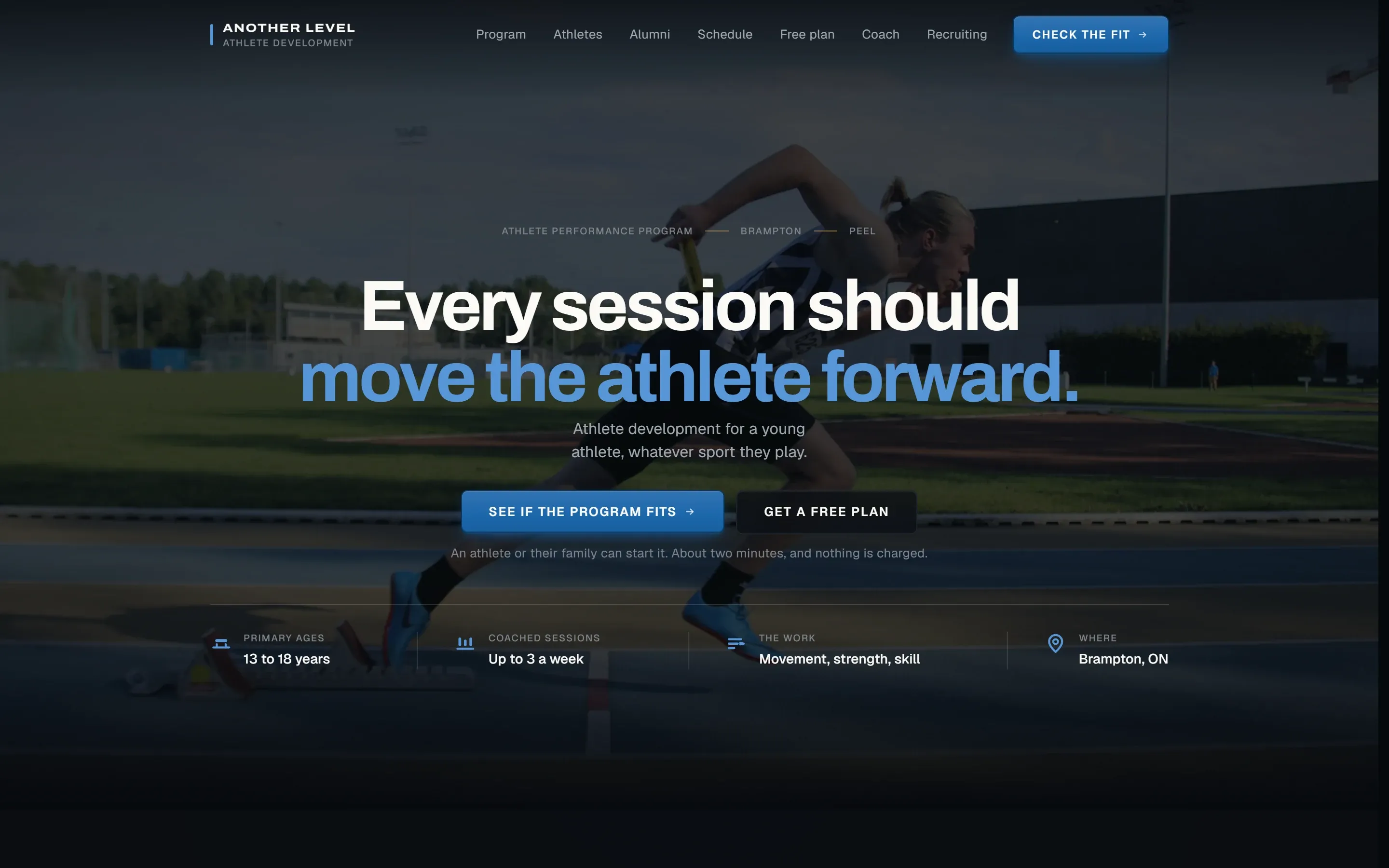 The Another Level program page: the headline "Every session should move the athlete forward" over a photograph of a sprinter, two buttons, "See if the program fits" and "Get a free plan", and four facts: ages 13 to 18, up to three sessions a week, movement, strength and skill, and Brampton, Ontario.